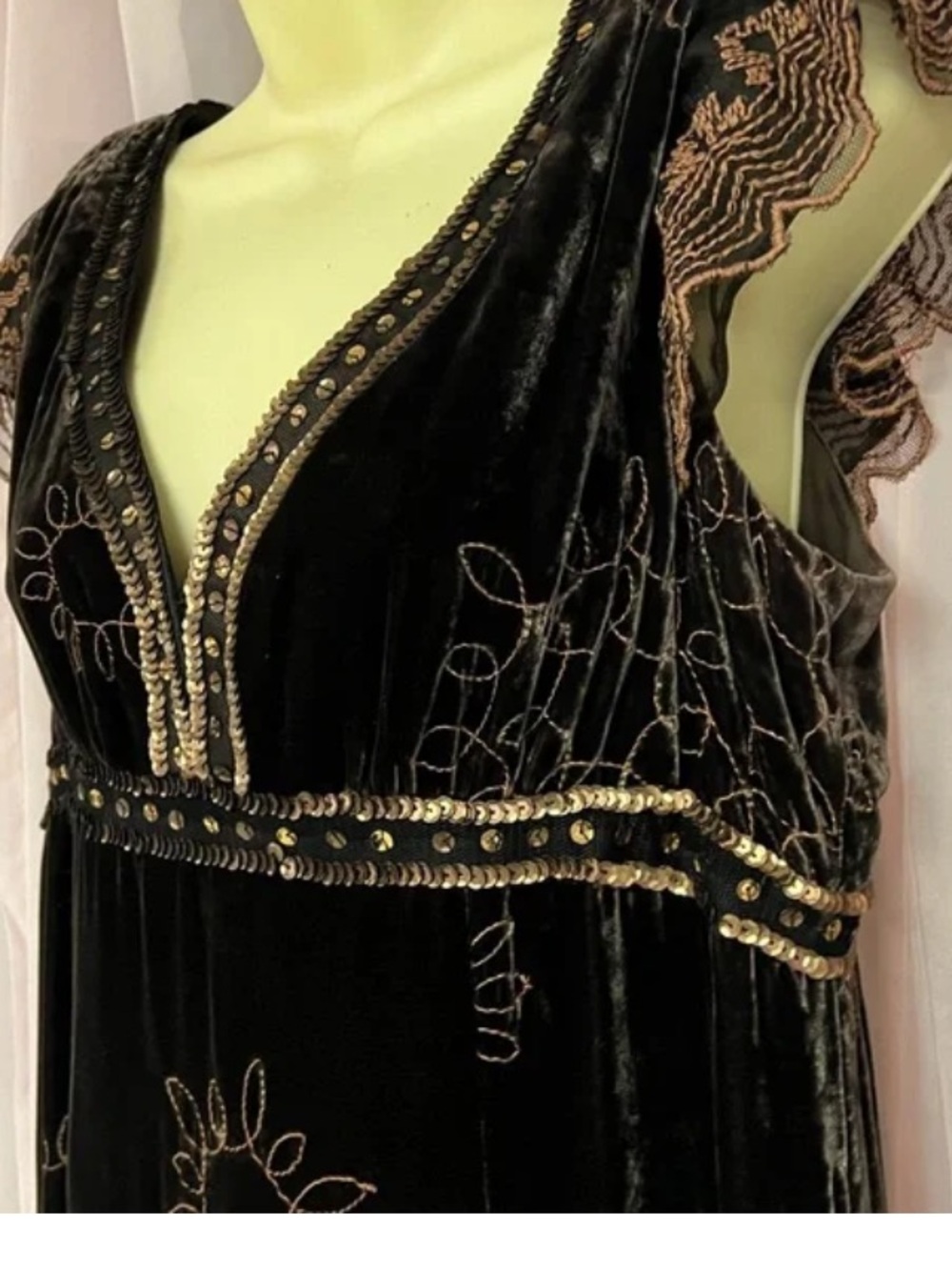 Vintage Nanette Lepore Velvet Dress Brown Embroidered Sequin Y2K - Picture 4 of 6